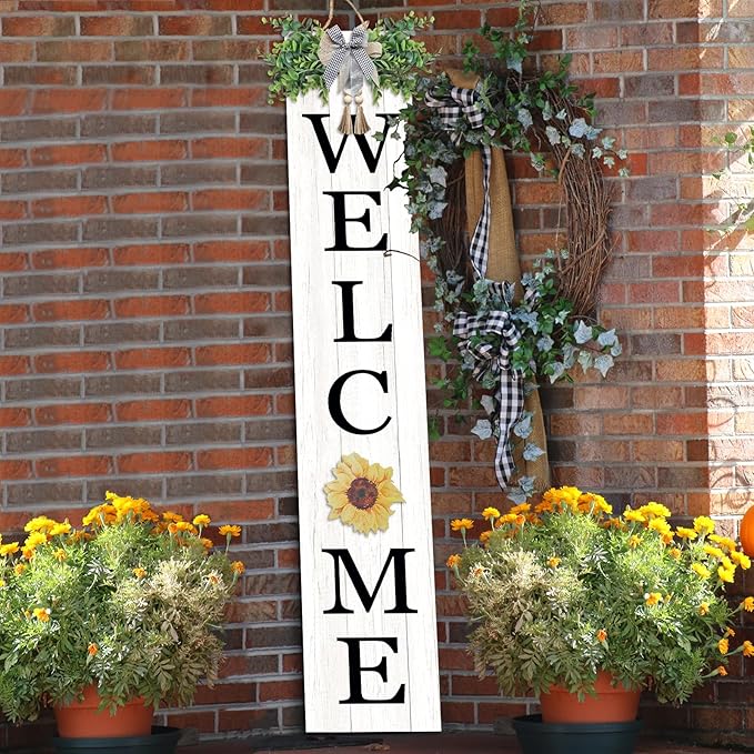 Interchangeable Outdoor Welcome Sign for Front Porch Standing 47"×8" Set of 3 Large Wood Frame with 12 Pcs Icons Vertical Tall Leaner Outside Welcome Sign for Front Door Decor (White)