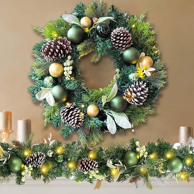 WANNA-CUL Pre-Lit 6 ft/ 72 Inch Christmas Garland with Lights Decoration for Mantle with Green Gold Christmas Ball Ornaments,Battery Operated 30 LED Lights