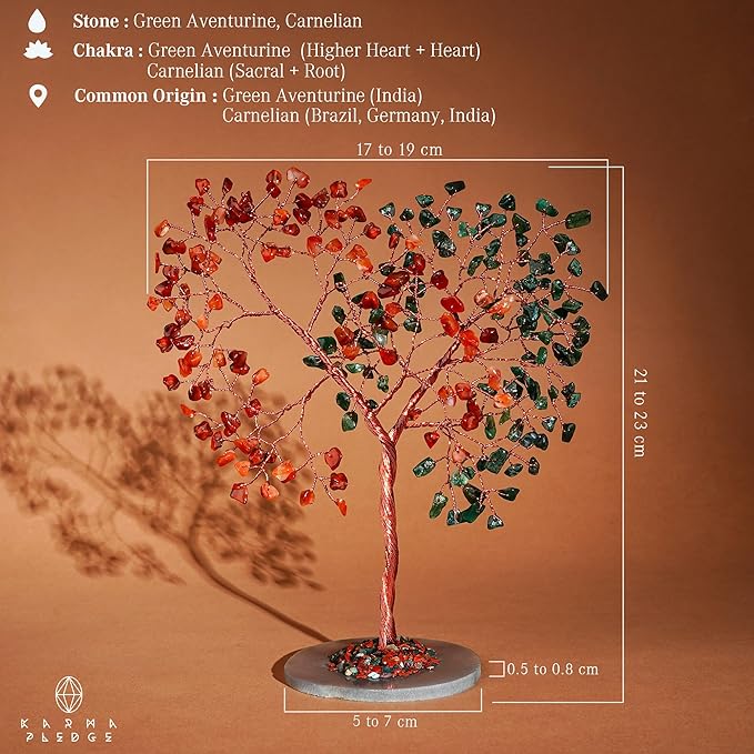 Crystal Tree for Home and Office Decoration, Carnelian & Green Aventurine Healing Stones Handmade Tree of Life for Positive Energy, Money, Good Luck, Christmas Decor, Birthday Gifts for Women, Mom