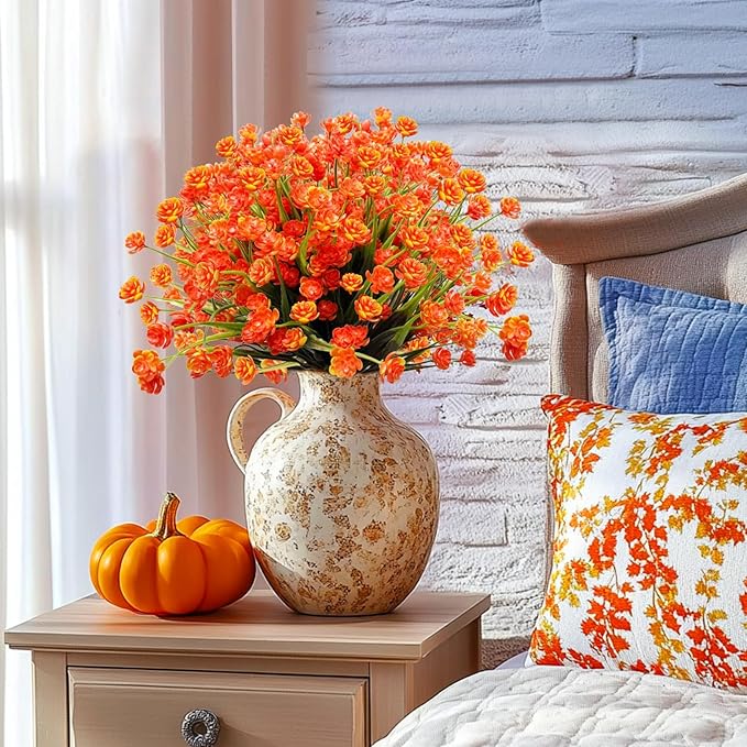 20 Bundles Artificial Fall Flowers for Outdoors Fall Decorations-UV Resistant Fake Mums Faux Plants Plastic Flowers Greenery Home Porch Gardens Fireplace Patio Autumn Indoor Thanksgiving Decor(Orange)