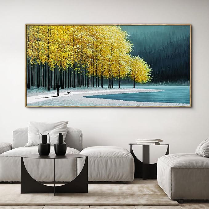 KLAKLA Large Wall Art - Yellow Bedroom Birch Tree Valley Snowy Forest Wild Lakes Landscape Canvas Pictures Wall Decoration for Living Room Office Home Decor - 58x29 Inches
