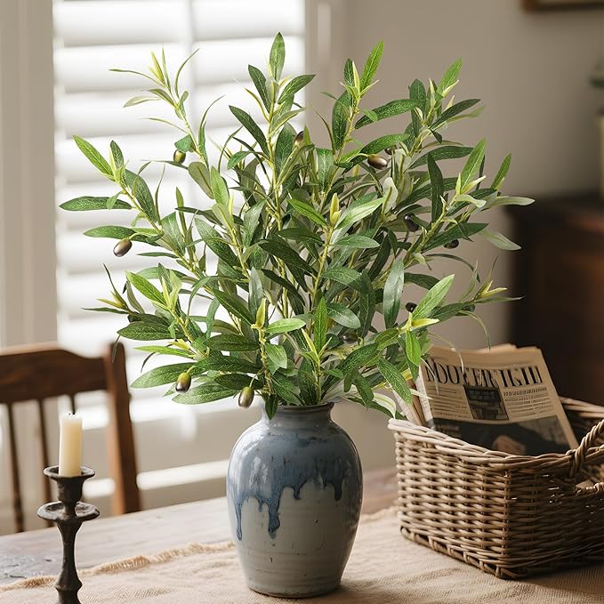 Fake Plants Olive Branch Artificial Plant Outdoor Decorations for Living Room Olive Tree Branches Greenery Stems 27.5in Can Be Used for Spring Home Decor Room Decor Office Decor(6PCS)
