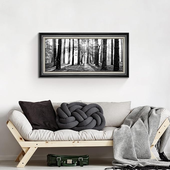 Black and White Forest Wall Art: Framed Tree Landscape Canvas Painting Modern Foggy Sunshine Scene Prints for Bedroom