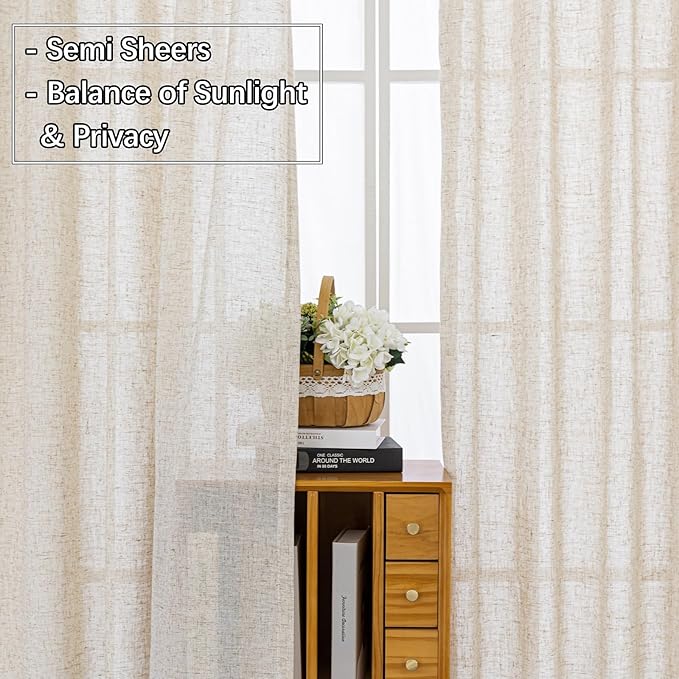 Burlap Linen Semi Sheer Curtains 108 Inches Long, Neutral Flax Light Filtering Drapes, Beige Retro Window Treatments, Rustic Farmhouse Floor to Ceiling Pinch Pleat Curtain with Hooks