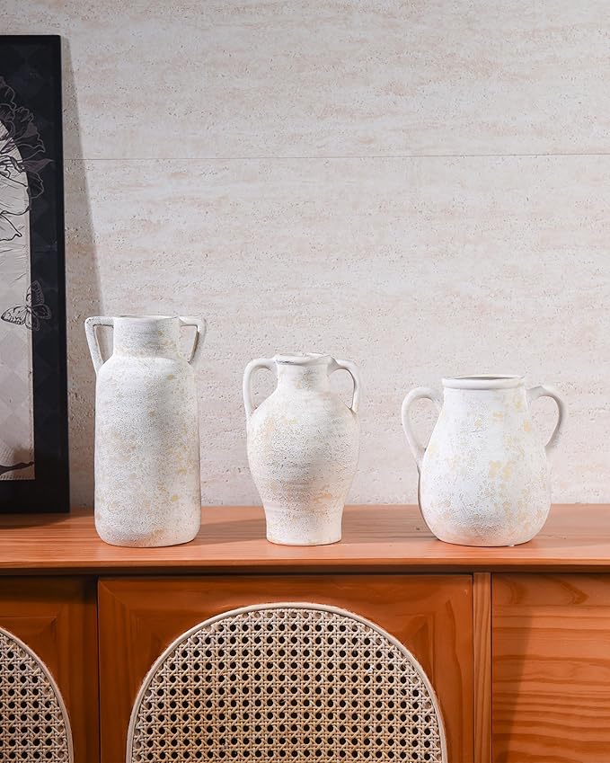 Beige Ceramic Vase Set of 3, Handmade Rustic Farmhouse Vases with Handles, Glazed Interior, Aged Eroded Texture Finish, Boho Home Decor for Table, Shelf, Mantel, Flower Arrangement