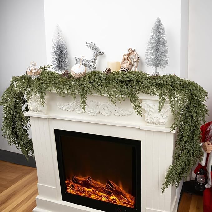 6FT Christmas Garland with Pinecones, Artificial Faux Pine Garland Green Garlands, Soft Bendable Cedar Garland for Table Mantel Wall Stairs Railing, Indoor Outdoor Xmas Decorations, Holiday Decor