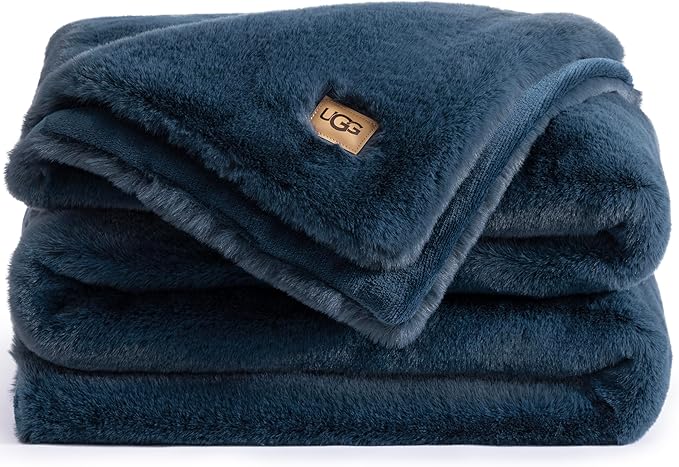 UGG Plush Faux Fur Throw Blanket Reversible Medium Weight Luxury Soft Throw Blankets for Bed or Chair, Hypoallergenic, Machine Washable, Home Decor, 50-inch x 70-inch, Indigo Navy Blue (Euphoria)