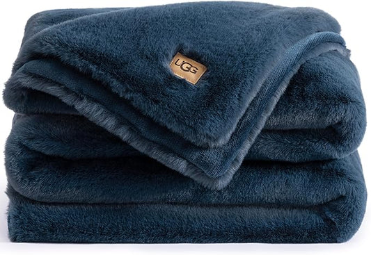 UGG Plush Faux Fur Throw Blanket Reversible Medium Weight Luxury Soft Throw Blankets for Bed or Chair, Hypoallergenic, Machine Washable, Home Decor, 50-inch x 70-inch, Indigo Navy Blue (Euphoria)