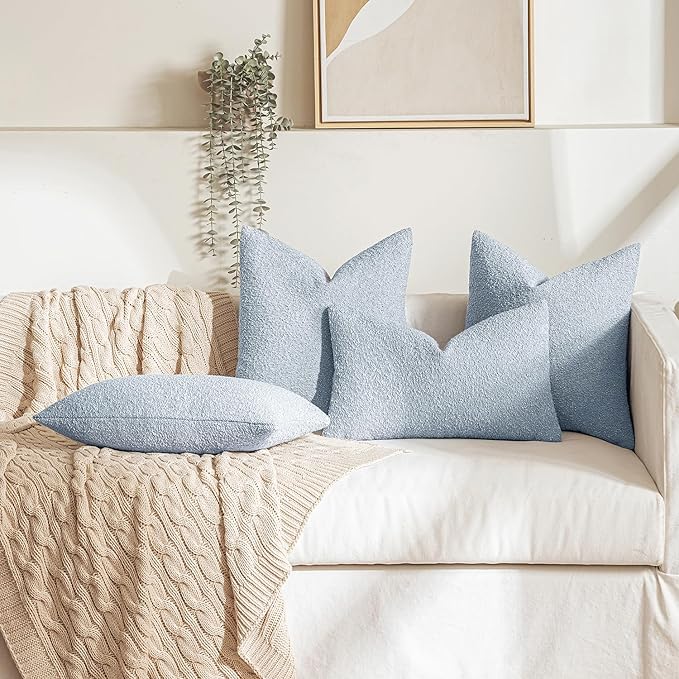 MIULEE 24x24 Decorative Euro Sham Throw Pillows for Bed Set of 2 Textured Boucle Neutral Throw Pillow Coverss Light Blue Accent Solid Couch Pillowcase Cozy Soft Sofa Livingroom Home Decor