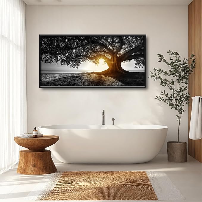 Olivine Tree Wall Art, Sunset Pictures Wall Decor, Black And White Painting, Nature Scenery Canvas Prints, Framed Artwork for Bathroom Bedroom Living Room Office Home Decoration 60"x30"