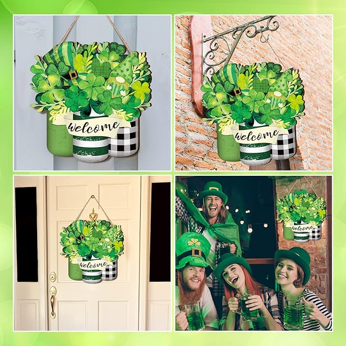 Spiareal Saint Patrick's Day Welcome Door Sign Shamrock Clover Lucky Hanging Decor St. Patrick's Day Wood Wreaths Front Door Decorations for Paddy's Irish Outdoor Farmhouse Porch