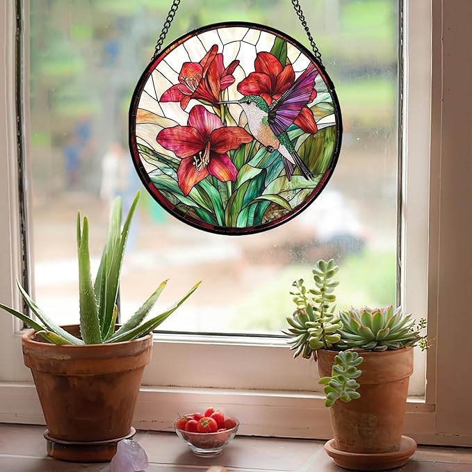 Stained Glass Window Hanging - Hummingbird On Red Lily Flower Sun Catcher for Door Garden Decor Suncatcher Christmas Mother's Day Birthday Gifts for Bird Lovers Women Men Mom Nana 15 in