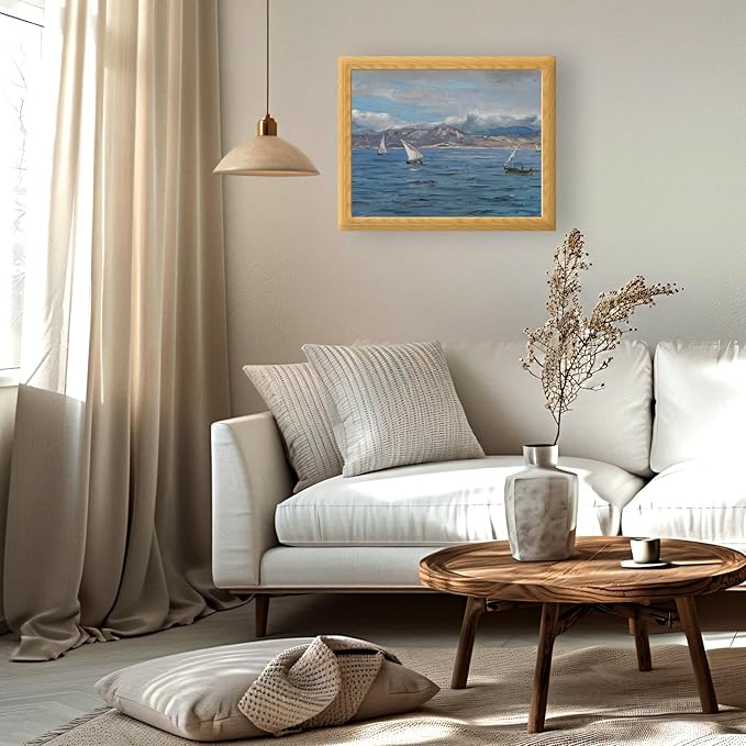 Brivoria Framed Canvas Wall Art Vintage Decor, Coastal Seascape with Sailing Boats and Distant Mountains Under Dramatic Cloudy Sky for Living Room Statement Wall or Gallery Decoration, 16"x20"