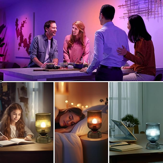 Modern RGB Glass Table Lamp with Remote，Color Changing Bedside Lamp with Ribbed Glass Shade, 16 Colors, On/Off Cord Switch, Nightstand Lamp for Bedroom, Living Room, Office, Bulb Included