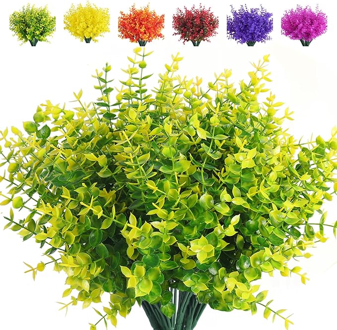 RECUTMS Artificial Boxwood Plants Outdoor Fake Spring Plants Uv Resistant Artificial Shrubs for Outdoors Greenery Stems Outdoor Flowers That Look Real Artificial Eucalyptus (Yellow Eucalyptus)