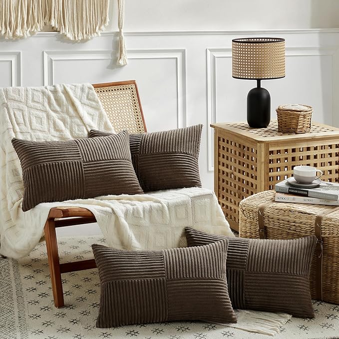 Fancy Homi 4 Packs Dark Brown Lumbar Decorative Throw Pillow Covers 12x20 Inch for Living Room Couch Bed, Rustic Farmhouse Boho Home Decor, Soft Striped Corduroy Rectangle Accent Cushion Case 30x50 cm