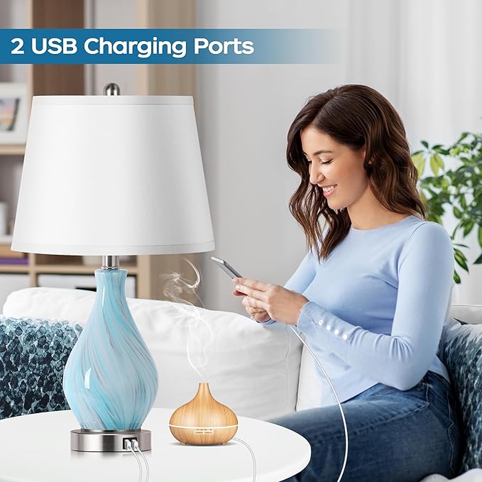 Modern Accent Table Lamp Set of 2 Touch Control, 22" Faded Swirl Blue Gray Art Glass Bedside Lamp with USB Ports, 3-Way Dimmable Hand Crafted Nightstand Lamps White Drum Shade for Living Room Bedroom