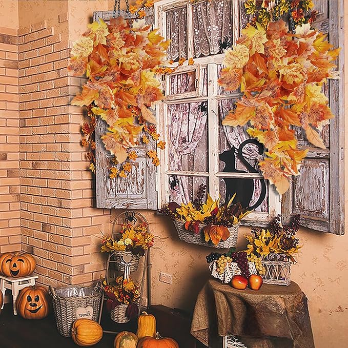 RECUTMS Fall Leaves Fall Decorations for Home Clearance Fall Decor Leaf Fall Decorations Fall Decorations for Home Thanksgiving Decorations Hanging Plants Indoor Artificial Wall Decor(Orange)