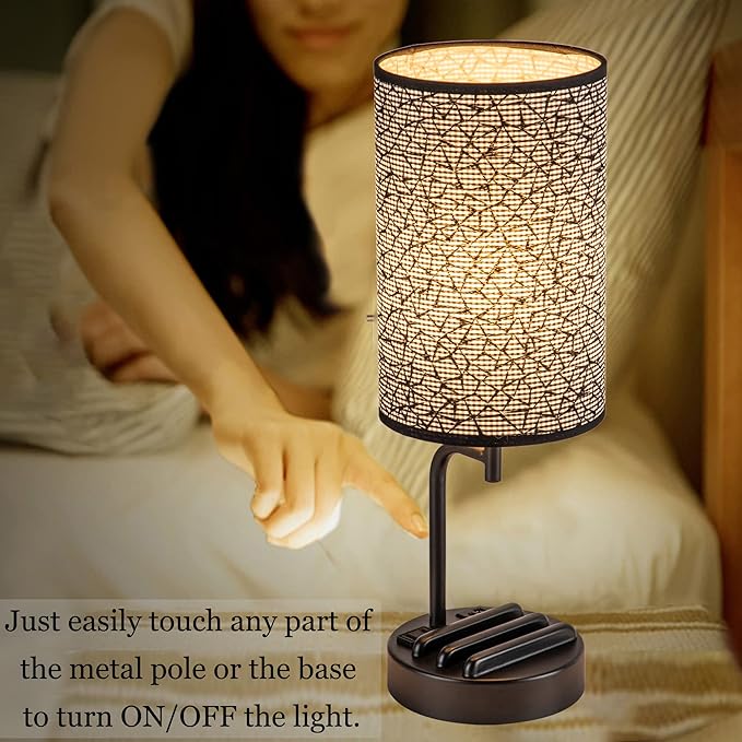 Dreamholder Touch Control USB Table Lamp, Upgraded 3-Way Dimmable Nightstand Desk Lamp with USB C & A Charging Ports and AC Outlet, Bedside Lamp for Bedroom Dimmable 9W LED Bulb Included