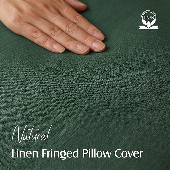 Foindtower Set of 2 Decorative Linen Fringe Throw Pillow Covers Cozy Boho Farmhouse Cushion Cover with Tassels Soft Accent Pillowcase for Couch Sofa Bed Living Room Home Decor, 20×20 Inch, Pine Green