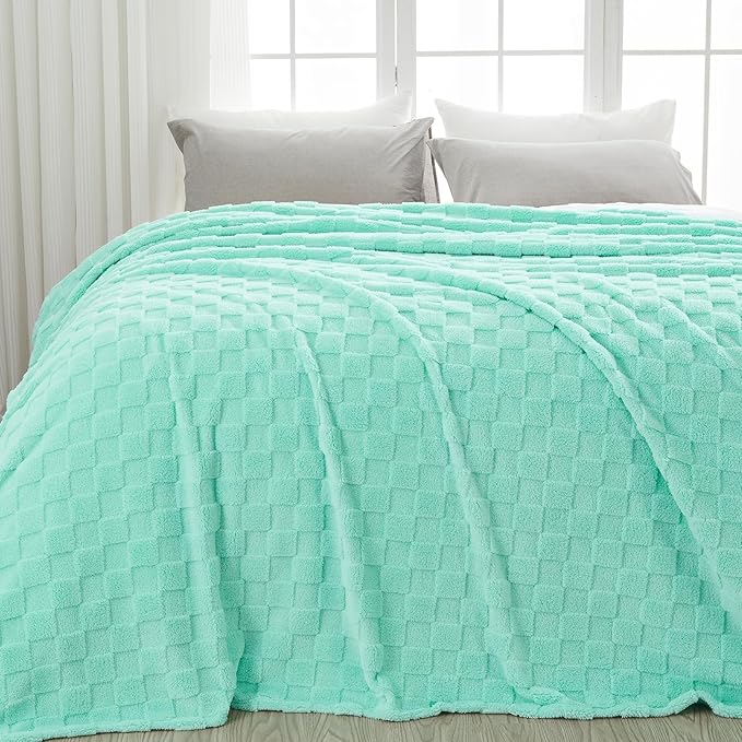 NEWCOSPLAY Super Soft Queen Blanket Aqua Premium Silky Flannel Fleece 3D Checkered Lightweight Bed Blanket All Season Use (Aqua Checkered, Queen(90"x90"))