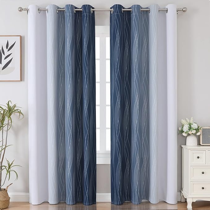 Estelar Textiler Greyish White and Navy Blue Blackout Curtains 96 Inches Long, Ombre Thermal Insulated Noise Reducing Blackout Drapes for Bedroom, Full Room Darkening Grommet Curtains,52Wx96L,2 Panels