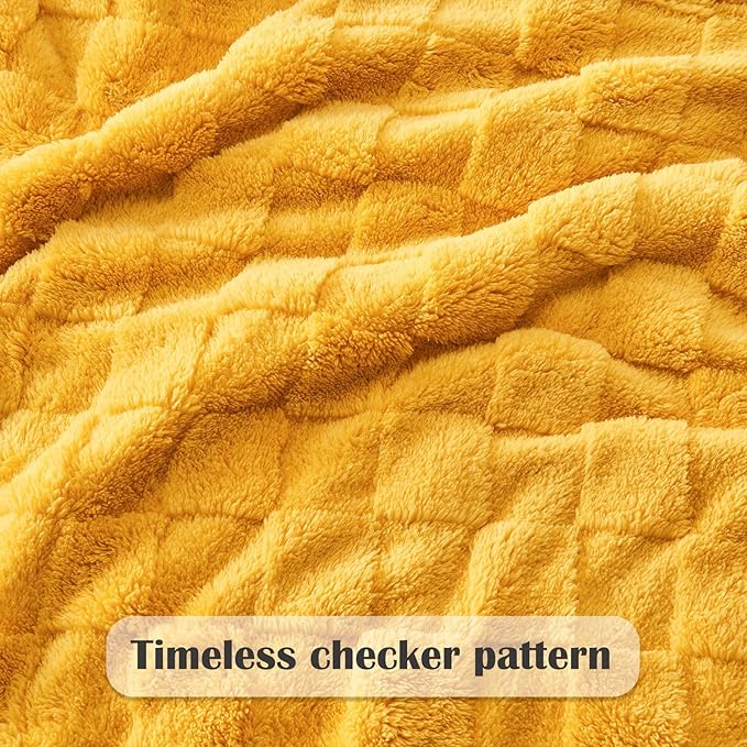 NEWCOSPLAY Super Soft Queen Blanket Mustard Yellow Premium Silky Flannel Fleece 3D Checkered Lightweight Bed Blanket All Season Use (Mustard Yellow Checkered, Queen(90"x90"))