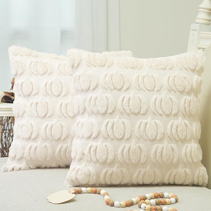 GEEORY Fall Pumpkin Throw Pillow Covers 16x16 Inch Set of 2, Autumn Soft Plush Faux Fur Wool Decorative Farmhouse Holiday Cushion Case for Home Decoration (Beige) GC002-16