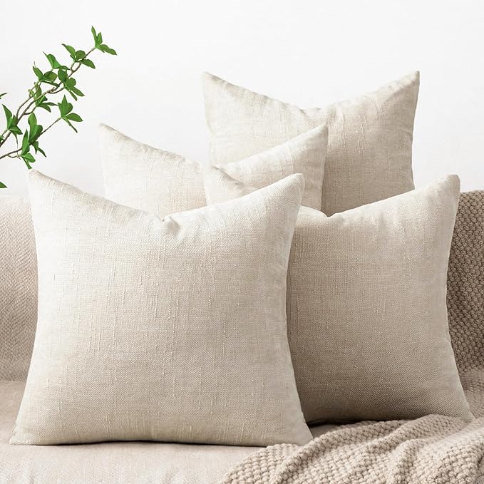 Set of 4 Soft Textured Decorative Throw Pillow Covers 24x24 Inch Cozy Farmhouse Cushion Cover Square Accent Pillow Cases for Bed Couch Sofa Living Room, Light Beige