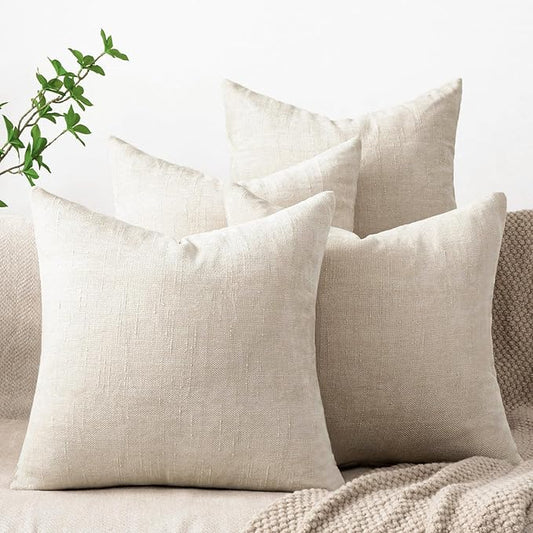 Set of 4 Soft Textured Decorative Throw Pillow Covers 18x18 Inch Cozy Farmhouse Cushion Cover Square Accent Pillow Cases for Bed Couch Sofa Living Room, Light Beige