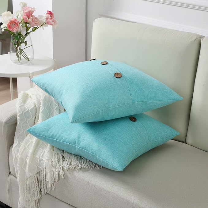 HAUSSY Turquoise Linen Decorative Throw Pillow Covers 22x22 Inch Set of 2,Square Cushion Case with 3 Vintage Buttons,Modern Farmhouse Home Decor for Couch,Bed