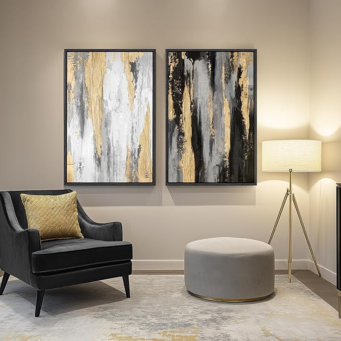 Large Framed Black and White Abstract Wall Art for Living Room, Set of 2 Piece Minimalist Canvas Prints Paintings Artwork for Walls, Modern Black Gold Pictures for Hallway Office Wall Decor Big Size 24x36 In