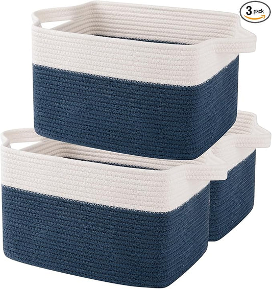 OIAHOMY Storage Baskets - Woven Cotton Rope Baskets for Shelves, Toy Towel Organizer Bins, Pack of 3, Blue & White