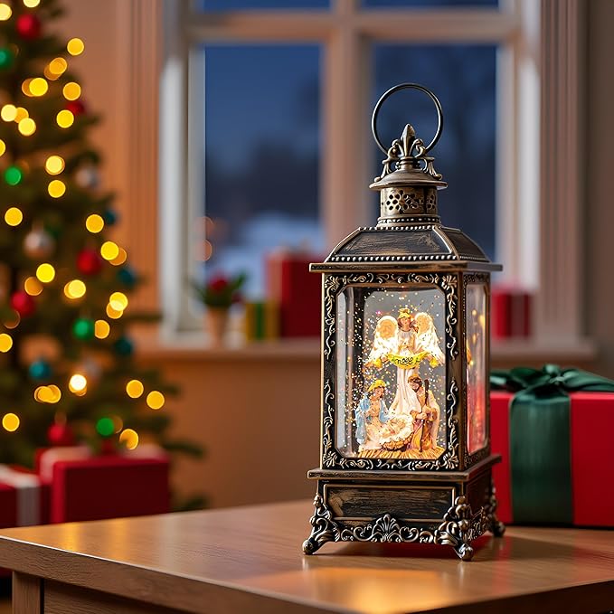 Christmas Snow Globe Swirling Glittering Angel & Nativity Scene with Music, USB Lined/Battery Operated Lighted Water Lantern for Christmas Festival Decoration Gifts
