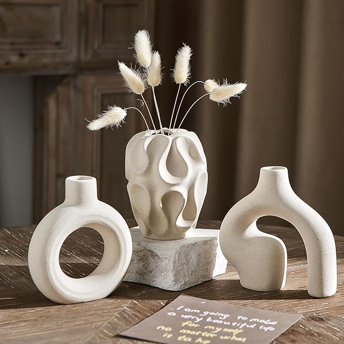 White Ceramic Vase Set of 3, Small Vases for Home Decor, Modern Boho Vase for Pampas Grass, Decorative Round White Vases Centerpieces for Coffee Table Living Room Shelf