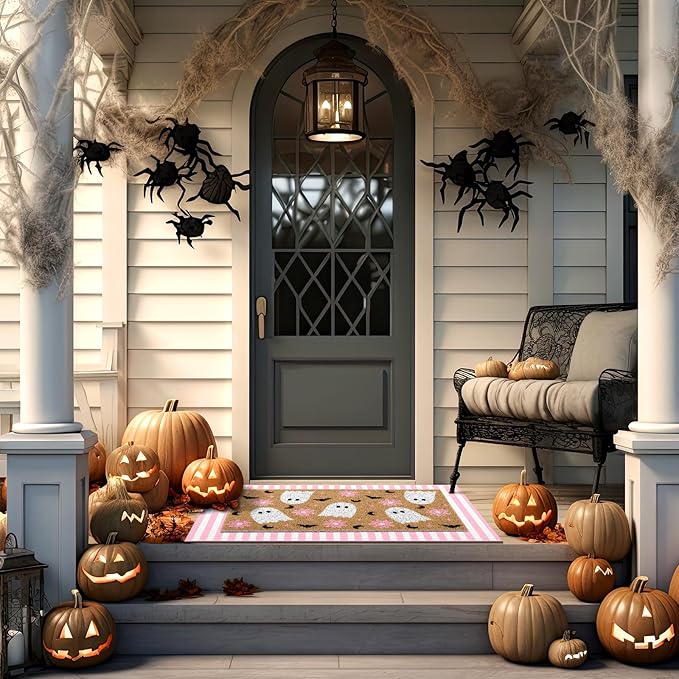 2 Pcs Halloween Door Mat Ghost Welcome Non Slip Coir Mats Pink Flower Cute Bat Stripe Floor Layering Doormats Seasonal for Front Porch Entryway Decor(Flower Ghost)