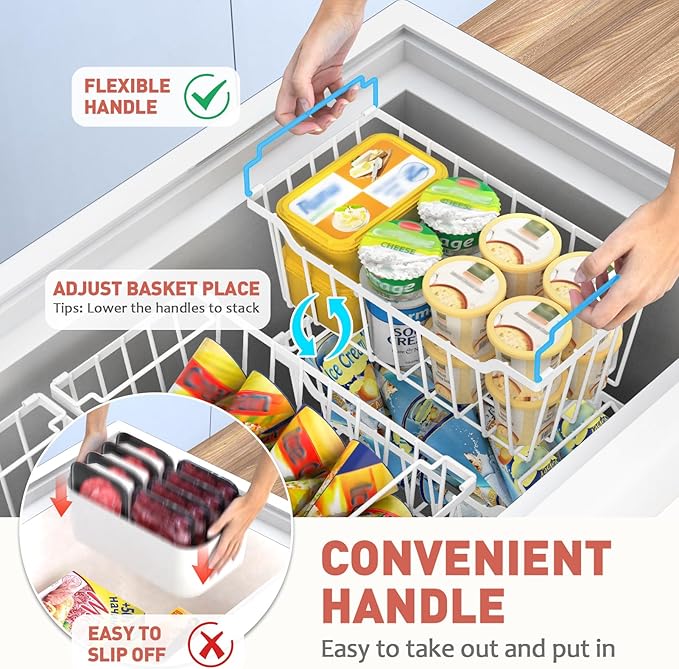 Goovilla Freezer Organizer Bins with Foldable Handle, 8 Pack Stackable Freezer Baskets for 3.5-7 Cu.FT Deep Chest Freezer Organization, White Metal Freezer Storage Bins with Better Space Utilization