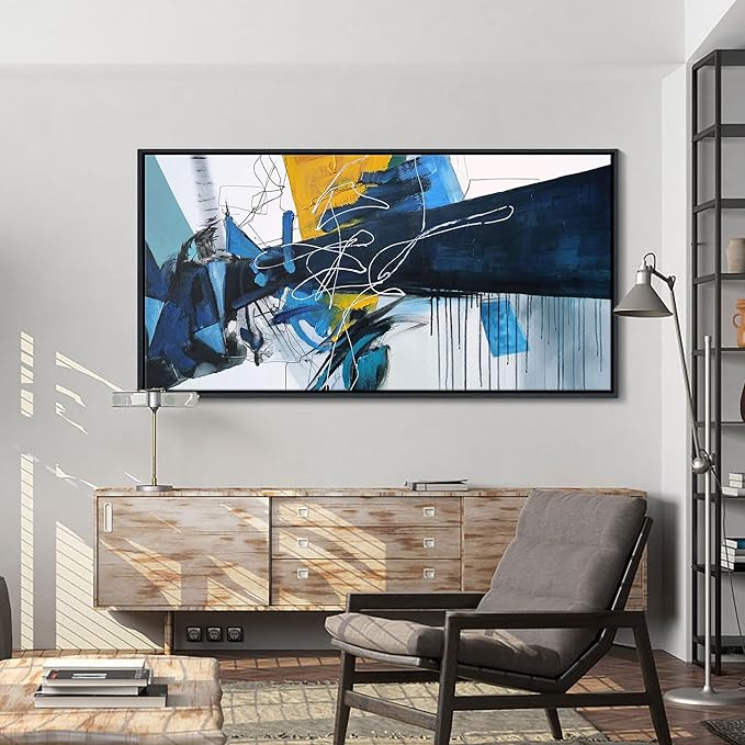 KLAKLA Extra Large Wall Art for Living Room - Blue and white Canvas Framed Wall Decor Living Room Abstract Picture Artwork for Office Bedroom Decorative Paintings
