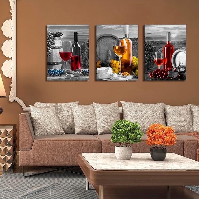 Wine Fruit Wall Art Kitchen Decor - Red Wine Cups and Grape Barrel Canvas Artwork Modern Pictures Paintings Ready to Hang