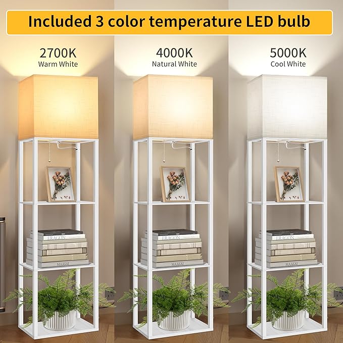 Dott Arts Floor Lamp with Shelves, Wide Floor Lamps for Living Room Display Shelf Lamps with 3 Color LED Bulb,Storage Wood Modern Floor Lamp for Bedroom Standing Lamp for Living Room Office（White）
