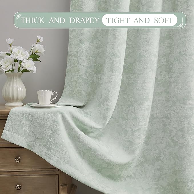Beauoop Green Floral Jacquard Blackout Curtains 96 Inches Long 2 Panels for Bedroom Living Room Sage Flower Chenille Room Darkening Thermal Insulated Soundproof Grommet Window Treatments Drapes, 52x96