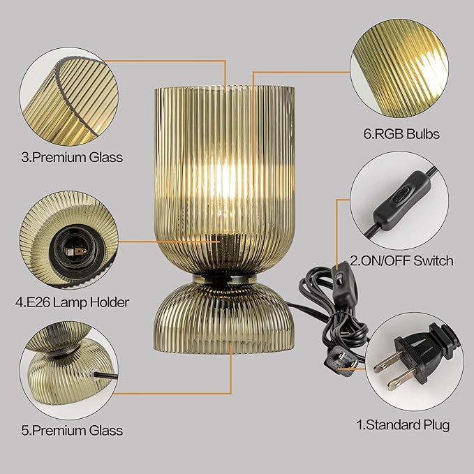 Modern RGB Glass Table Lamp with Remote，Color Changing Bedside Lamp with Green Glass Shade, 16 Colors, On/Off Cord Switch, Nightstand Lamp for Bedroom, Living Room, Office,Bulb Included