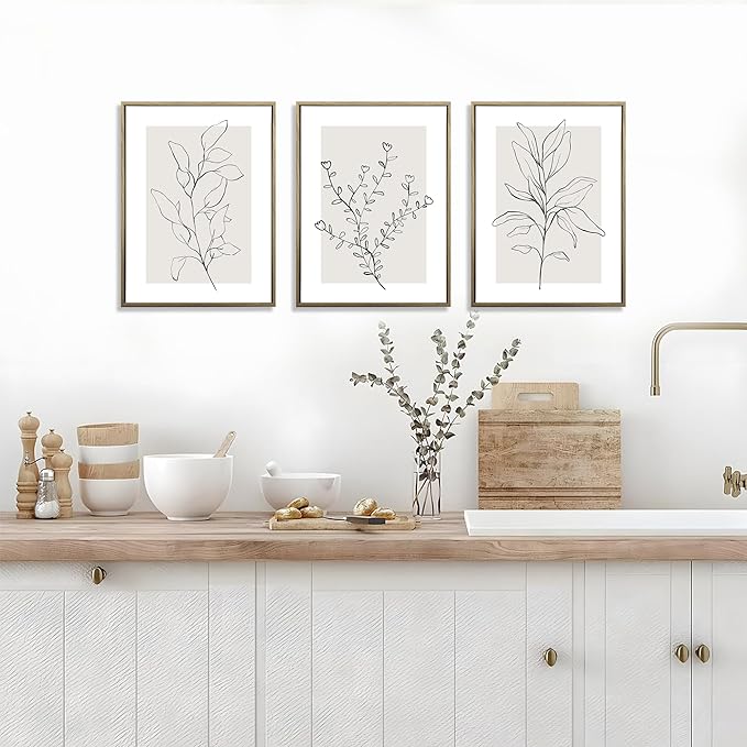 WRFON Neutral Botanical Canvas Wall Art, Minimalist Black Line Flower Poster Prints, Boho Beige Floral Wall Decor, Abstract Plant Leaf Aesthetic Picture for Bedroom Living Room Framed 12"x16"x3