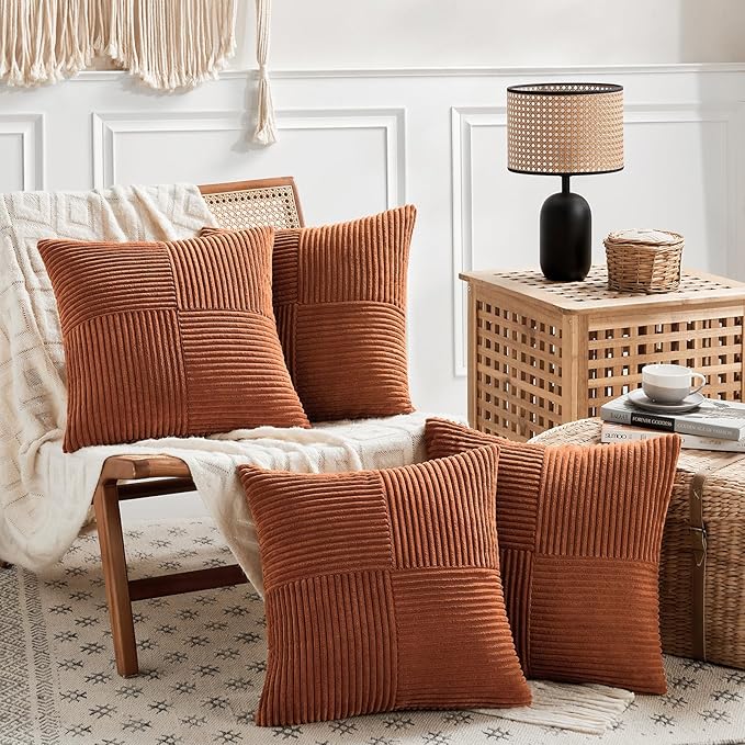 Fancy Homi 4 Packs Rust Boho Decorative Throw Pillow Covers 18x18 Inch for Couch Bed Sofa, Farmhouse Fall Home Decor, Soft Cross Corduroy Patchwork Textured Terracotta Accent Cushion Case 45x45 cm