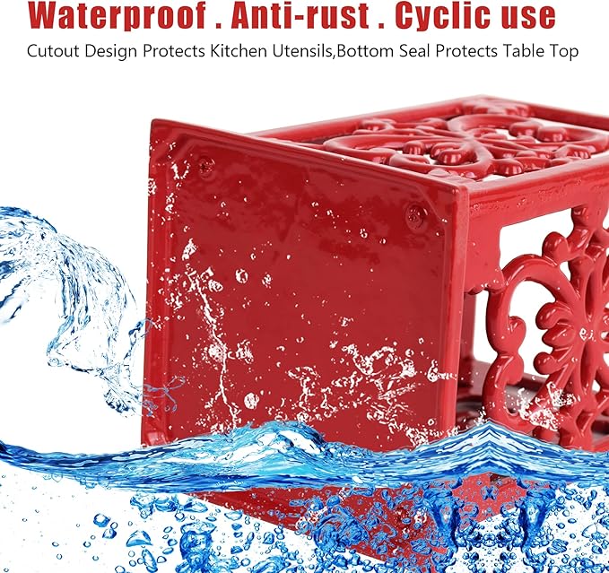 Cast Iron Utensil Holder, Vintage Farmhouse Kitchen Cookting Tools Utensil Holder for Countertop, Large Metal Flower Design Utensil Holder for Kitchen Counter, Red