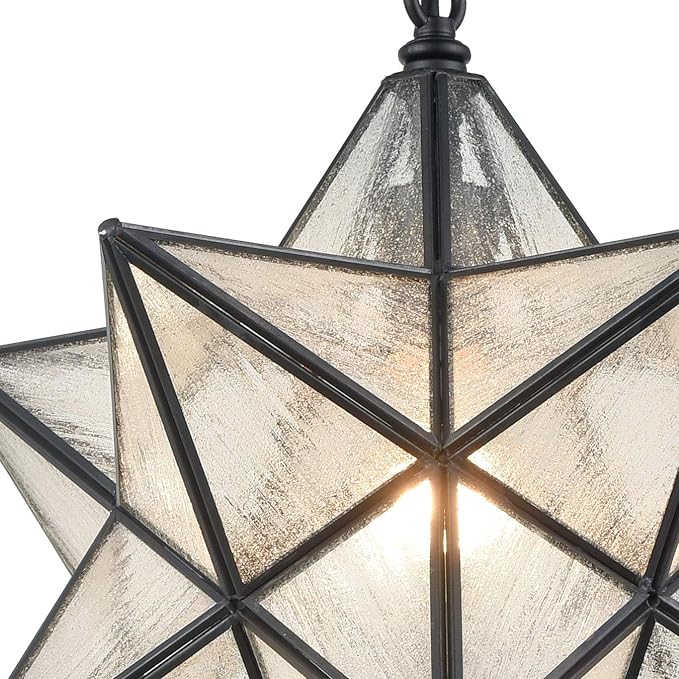 Modern Moravian Star Pendant Light Seeded Large Glass Hanging Lights with Adjustable Chain, 16'' Diameter Shade Lighting for Kitchen Porch Dining Foyer Bedroom