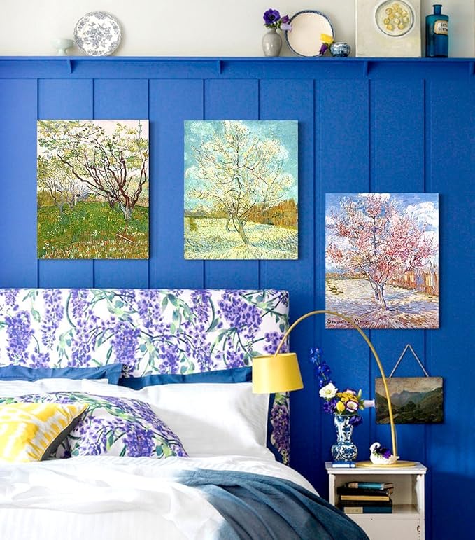 DECORARTS - Triptych (Orchard in Blossom, The pink peach tree, Peach Trees in Blossom), Vincent Van Gogh Art Reproduction. Giclee Canvas Prints Wall Art for Home Decor 20x16, 3pcs/set