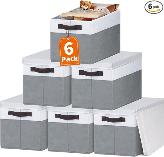 Criusia 6 Set Clothes Storage Bins with Lids - Stackable Fabric Closet Organizers and Storage Baskets for Shelves -Odorless Large Enough for Clothes Blanket Toy Storage -Dorm Room Apartment Essentials