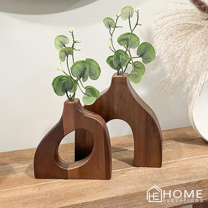 Wooden Vases for Decor Set of 2 - Small Decorative Wood Vase for Faux Flowers & Plants - Modern & Scandinavian Home Decor for Table, Centerpieces, & Living Room