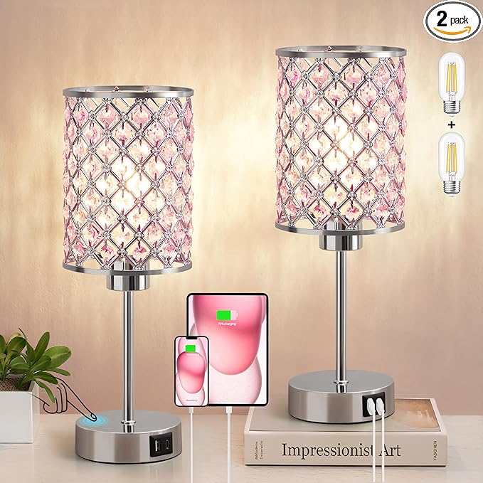 Pink Crystal Table Lamp, Touch Control Bedside Lamps with USB-C+A Charging Ports, 3-Way Dimmable Nightstand Small Desk Lamp Set of 2 for Girl Bedroom, Living Room, Office(Buld Included)
